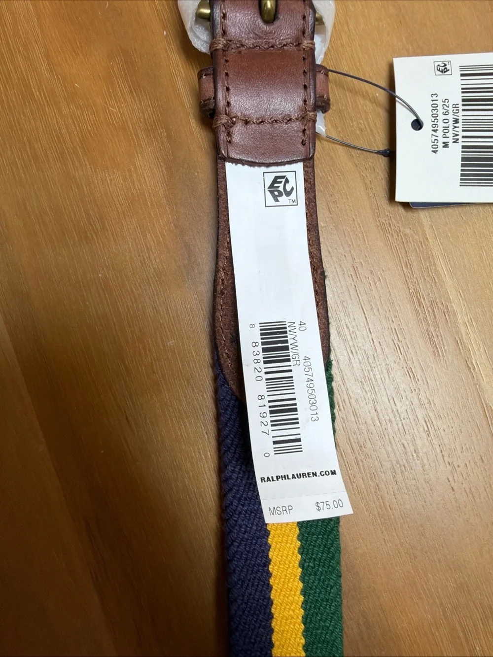 NWT Polo Ralph Lauren Men’s Woven Striped Belt Leather Trim Sz 40 Brass Buckle
